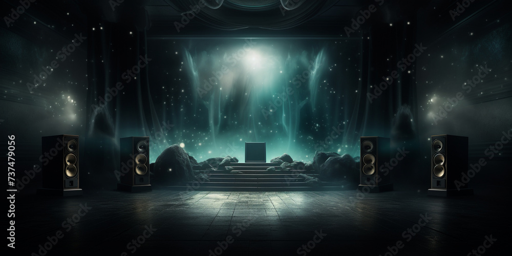 The dark stage shows creative digital illustration painting, A stage with smoke and lights in the background

