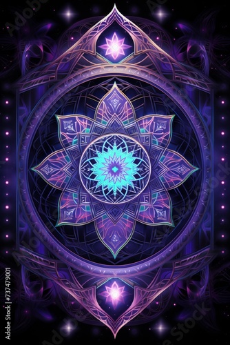 Mystical Glowing Blue and Purple Ornate Mandala