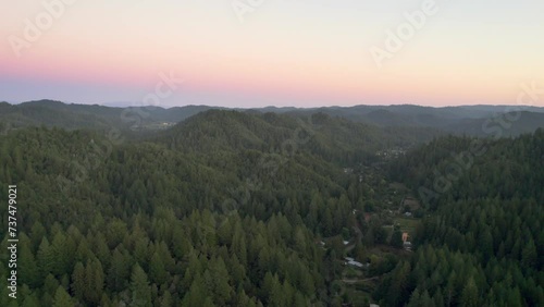 Valley with redwood forest at sunset