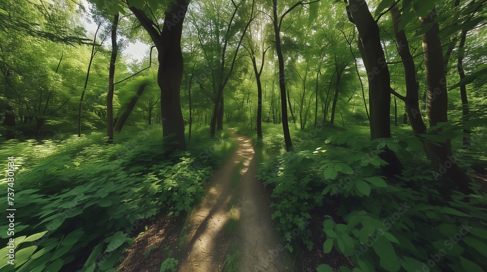 Panorama of a path through a lush green summer forest.