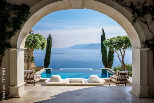 Azure Mediterranean pool view. Greece resort. Generate Ai © juliars