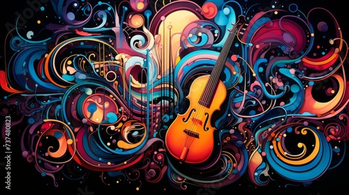 Colorful abstract painting of a violin with flowing lines and vibrant colors
