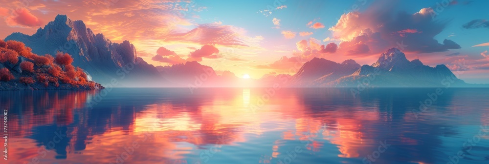 Fantastic Sunset Panorama with Cliffs Reflecting in the Water Generative AI