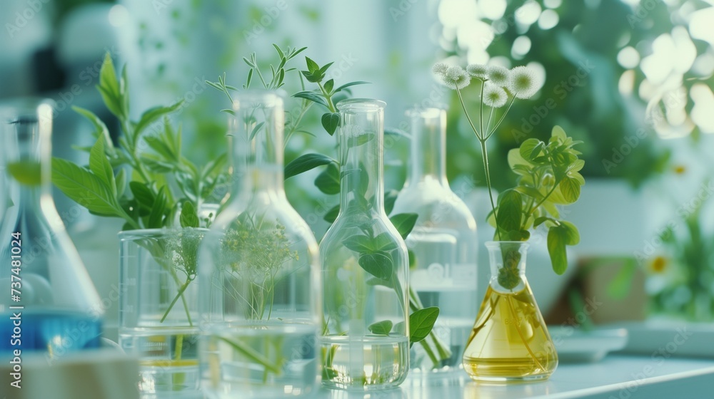 Scientist with natural drug research, Natural organic and scientific extraction in glassware, Alternative green herb medicine, Natural skin care beauty products, Laboratory and development concept. Scientist with natural drug research, Natural organic and scientific extraction in glassware, Alternative green herb medicine, Natural skin care beauty products, Laboratory and development concept.