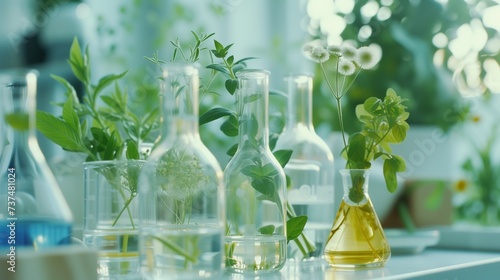 Scientist with natural drug research, Natural organic and scientific extraction in glassware, Alternative green herb medicine, Natural skin care beauty products, Laboratory and development concept. photo