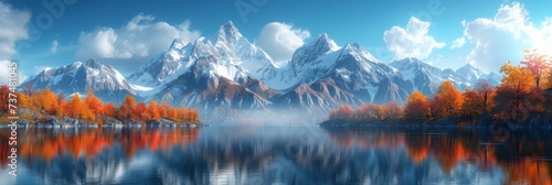 Fantasy Landscape Panorama with Mountain Reflections Generative AI