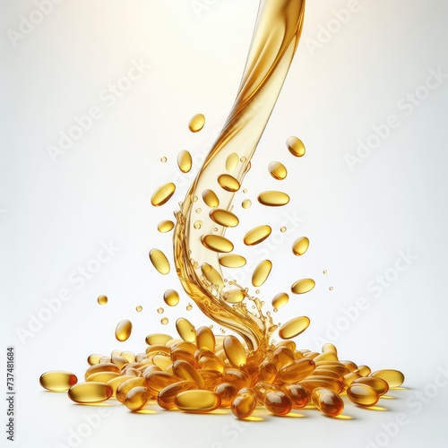 falling fish oil pills isolated on white background