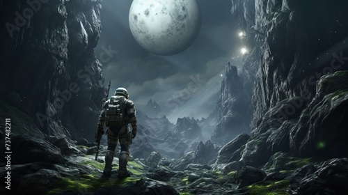 A lone astronaut on an alien planet looks out over a vast moonlit landscape