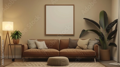 Warm and cozy interior of living room space with brown sofa, pouf, beige carpet, lamp, mock up poster frame, decoration, plant and coffee table. Cozy home decor.