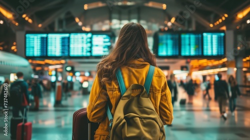 Young woman grasping baggage handle in her hand before checking airport flight schedule, themes related to transportation, insurance, travel, and vacation
