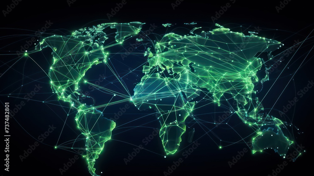 a green world map with a lot of connections, in the style of dark indigo and green, social network analysis,  intricate composition, light indigo and green, exacting precision, internet-inspired