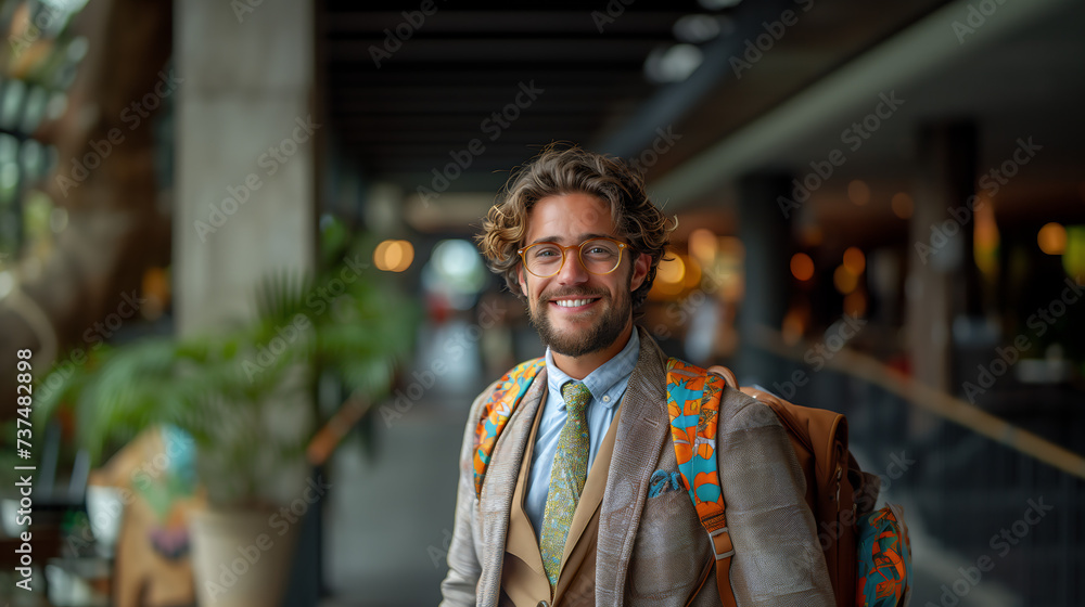 An image representing a stylish lawyer wearing an alternative colorful blazer, trendy glasses, and stylish hair An image representing a stylish lawyer wearing an alternative colorful blazer, trendy glasses, and stylish hair