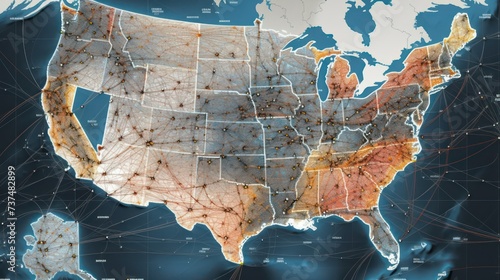 America map with a lot of connections, light maroon and light bronze, intricate composition,, tangled nests, documentary travel