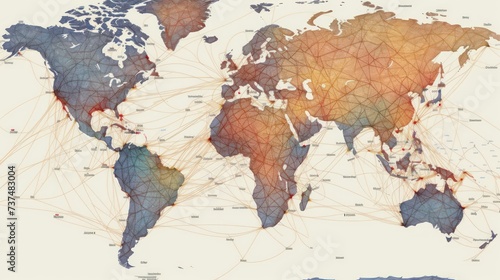 this map has many different lines across the world  light maroon and light bronze  intricate composition  light indigo and orange  exacting precision  internet-inspired
