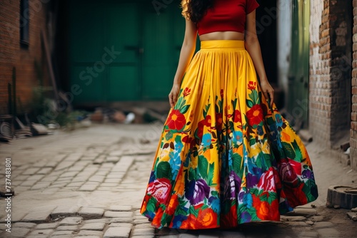 Embroidered Mexican colorful skirt. Fashion dress. Generate Ai