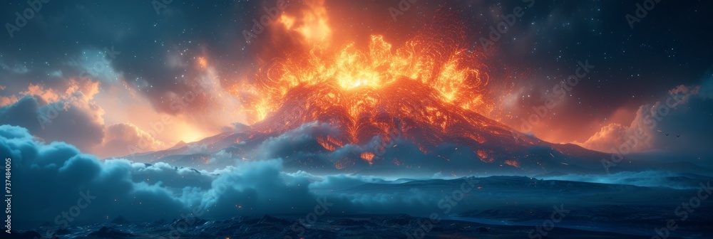 Fiery Volcanic Eruption Illustration Generative AI
