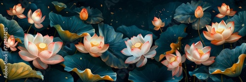 Gold-Illustrated Lotus Leaves Botanical Banner Generative AI photo