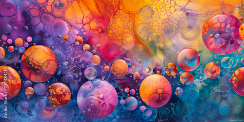 Vivid interaction of viruses with cellular structures in human body, microscopic pathogens with intricate details. Abstract colorful circles and spheres for chemistry education in school classroom 