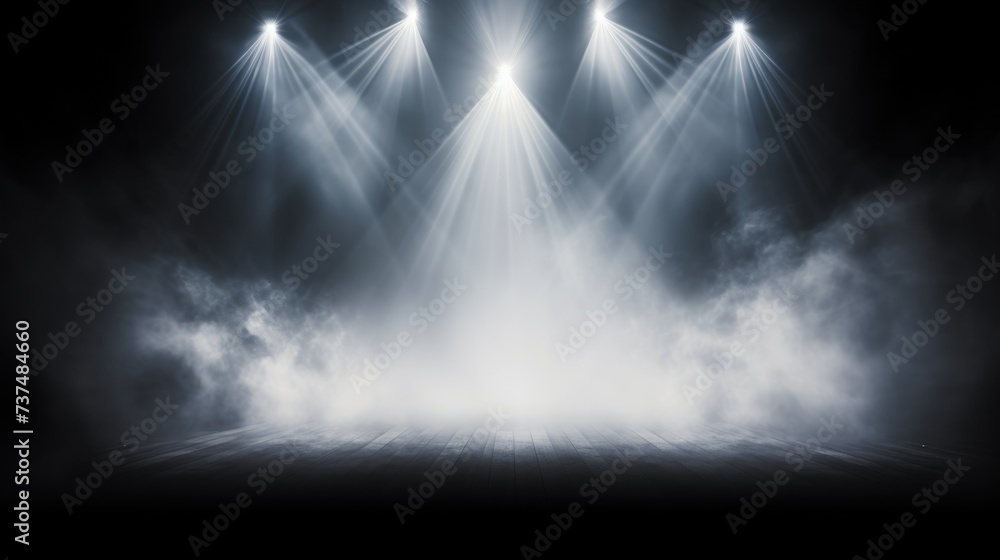 Spotlight on Stage: Glowing Bright Lights with White Smoke Background for Night Show or Disco