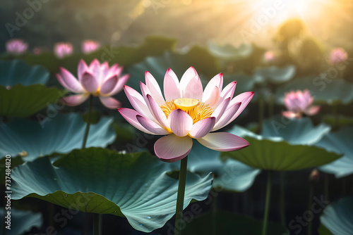 Beautiful pink waterlily or lotus flower. A close up. Floral background