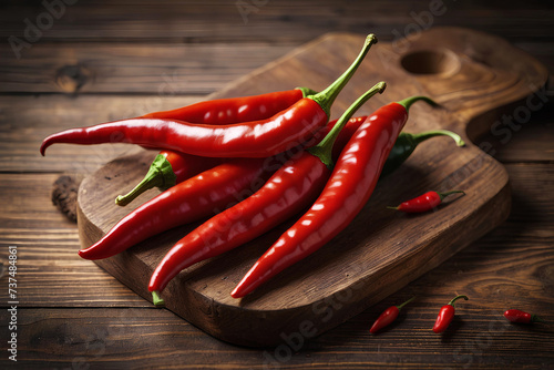 Red chili peppers on wooden background. Horizontal culinary background with vegetables. Commercial promotional food photo