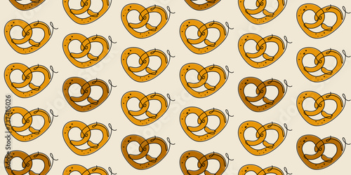 Seamless pattern with pretzel. National Pretzel Day. America's favorite snack. Line art style vector illustration for wrapping paper, textile, cover design.

