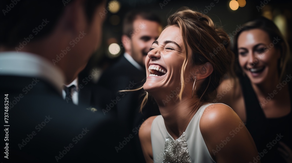 a woman is laughing at a man at a party