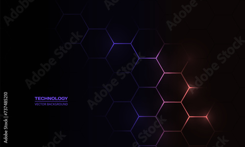 Dark hexagon abstract technology background with violet and peach colored bright flashes under hexagon. Hexagonal gaming vector abstract tech background.