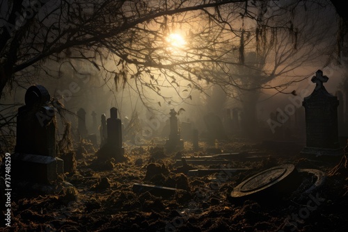 Mystical and Mysterious Misty Cemetery. A Graveyard in Twilight with Fog, Grave Stones, and a Touch