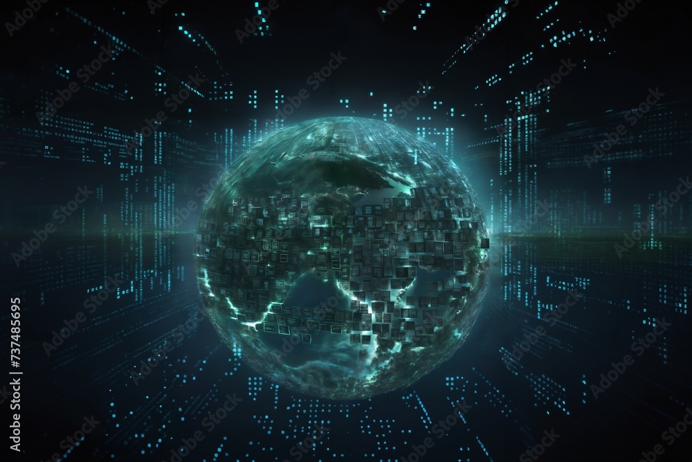 Obraz premium surface of earth planet with futuristic computer technology and mega city, digital connections with hologram and glow against background of space, concept of globalization and urbanization