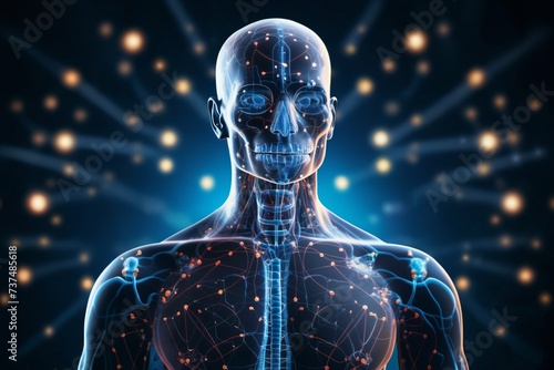 silhouette of a human body with the blood circulatory system and neural connections around head and brain, vegetative system, dark blue background, biotechnology concept