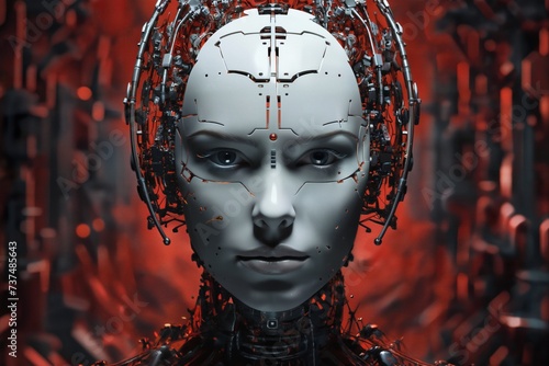 face of female android bio robot, close portrait, concept of cybernetics and biomechanics and robotics of future photo