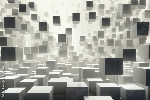 abstract space with dark mosaic background with many white block shapes and cubes  hi tech in the style of 3D rendering  digital art