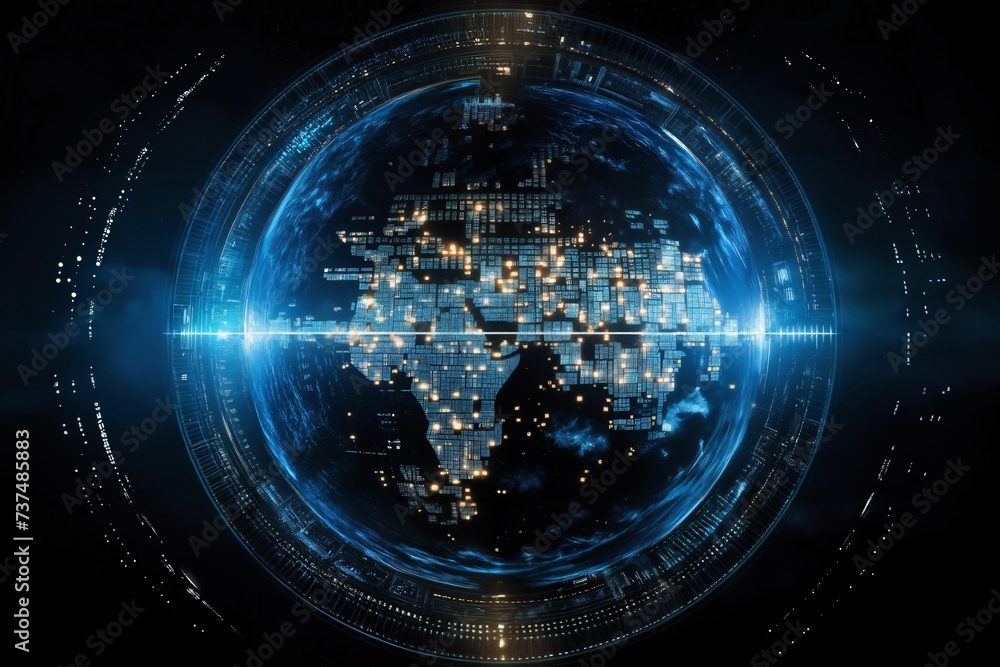 surface of earth planet with futuristic computer technology and mega city, digital connections with hologram and glow against background of space, concept of globalization and urbanization surface of earth planet with futuristic computer technology and mega city, digital connections with hologram and glow against background of space, concept of globalization and urbanization