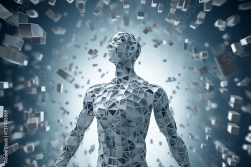 portrait of a robot with human body made of disintegrating squares and cubes, standing in front of a digital background with abstract particles in space, cybernetics, computer rendering