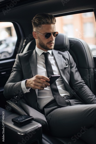 Businessman in a suit is sitting in the back seat of a car and talking on mobile phone