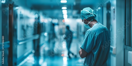 Heartbroken Surgeon Overwhelmed by Emotions as they Reflect on Painful Mistakes in Hospital. Concept Medical Errors, Emotional Burden, Surgeon's Reflection, Healing Process, Overcoming Regret photo