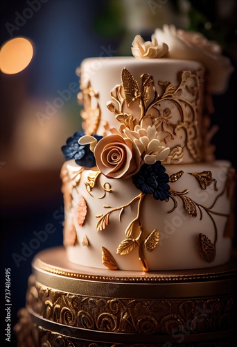 Wedding cake decorated with a beautiful decor of cream. Generative Ai photo