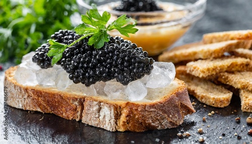 black caviar with rye bread croutons served on ice with cold snacks