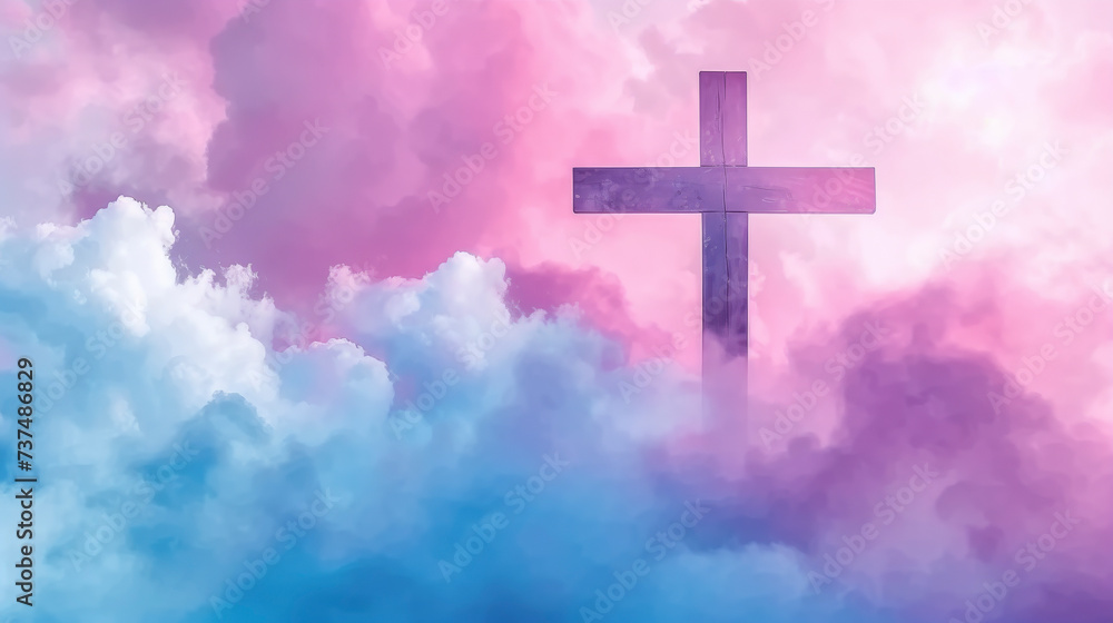 Cross in the Cloudy Sky, pastel colors 