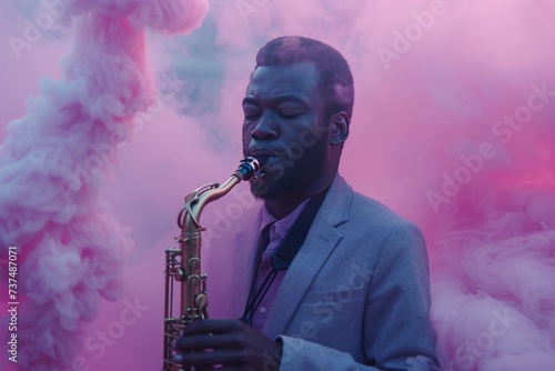 a man plays the saxophone on a background of smoke