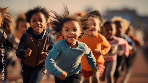 a group of children are running on a track