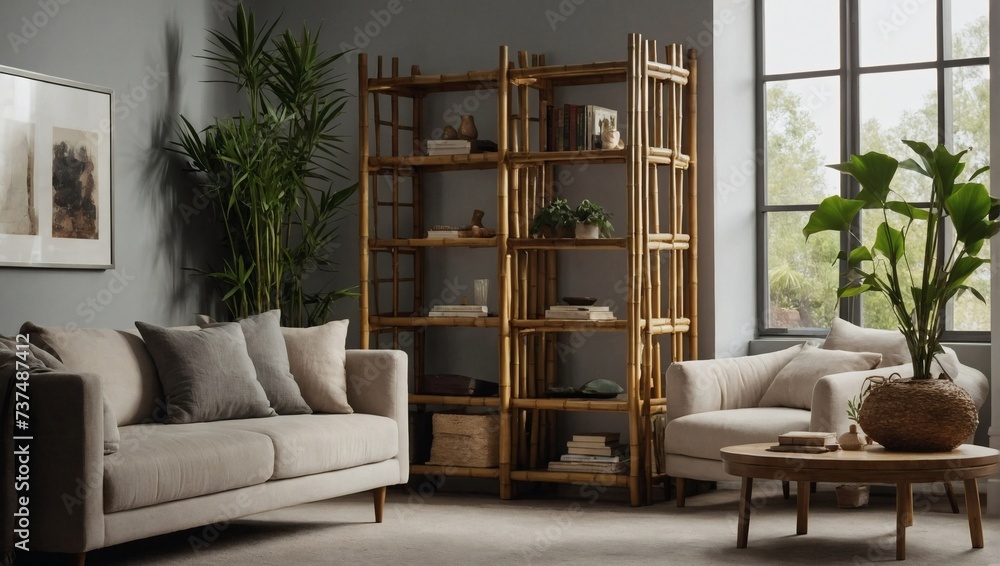 Bamboo shelving unit and thoughtfully arranged decor items contributing to a cozy atmosphere. 
