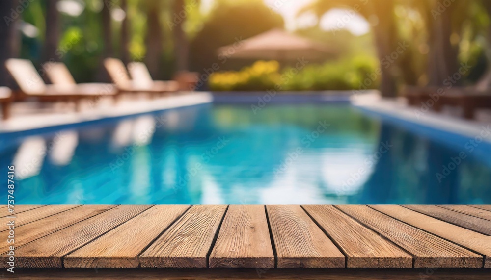 empty wooden table in front with blurred background of swimming pool