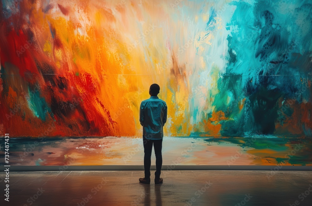 an employee at an artists reception is standing in front of an abstract painting an employee at an artists reception is standing in front of an abstract painting