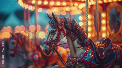 A charming carnival carousel scene, with brightly painted horses, nostalgic music photo