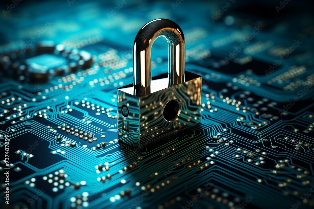 secure connection or cybersecurity service concept of compute motherboard closeup and safety lock with login and connecting verified credentials as wide banner design secure connection or cybersecurity service concept of compute motherboard closeup and safety lock with login and connecting verified credentials as wide banner design