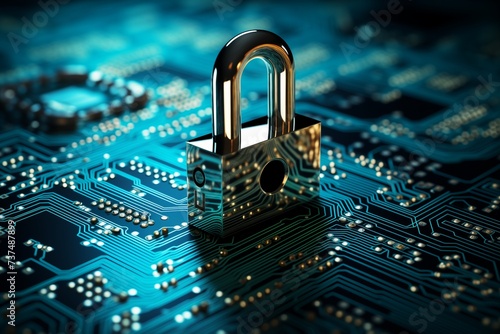 secure connection or cybersecurity service concept of compute motherboard closeup and safety lock with login and connecting verified credentials as wide banner design