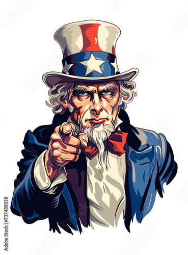 Cartoon style illustration of Uncle Sam in American Patriotic red and blue, cartoon style illustration