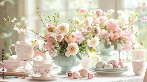 A delightful Easter brunch setting with pastel decorations